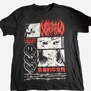 Graphic Black Women’s Tee with Red & White Anime Print